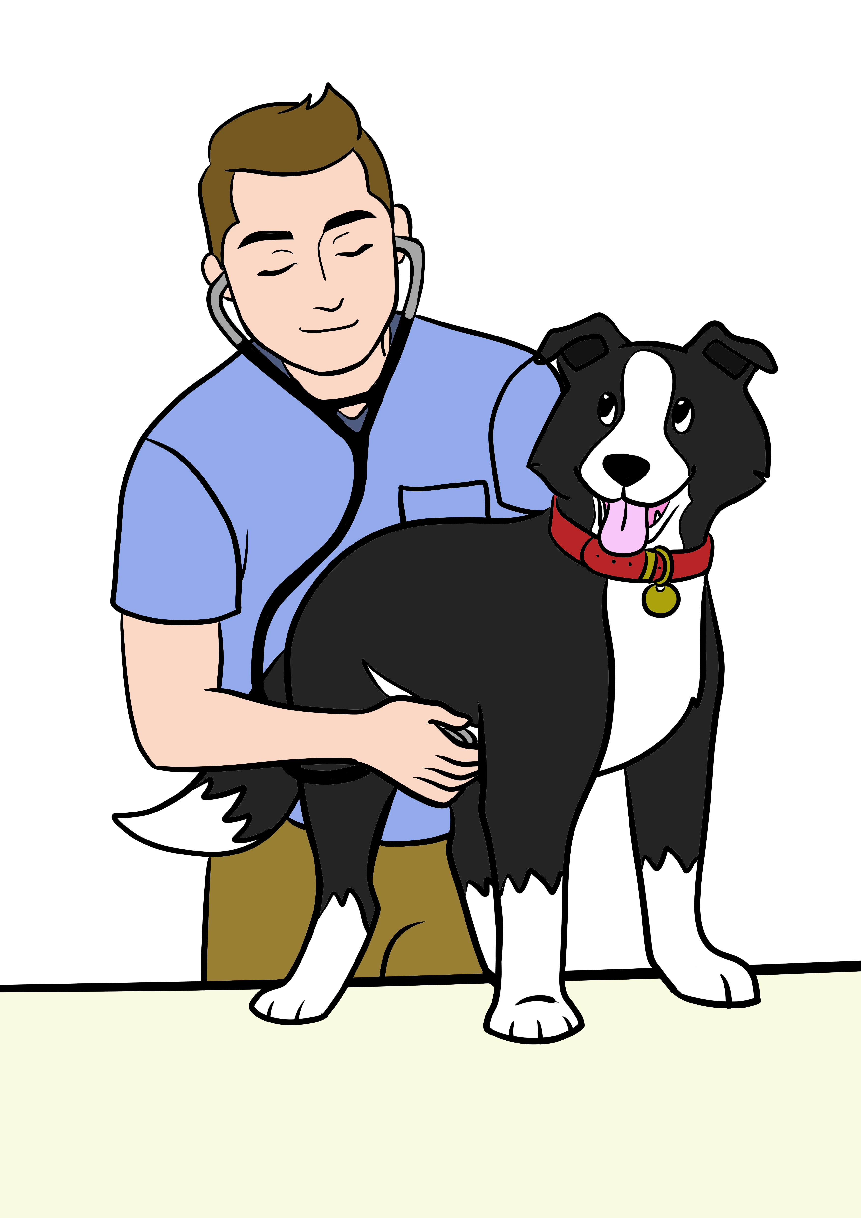 Dr Evan listening to Dre the dog with a stethoscope